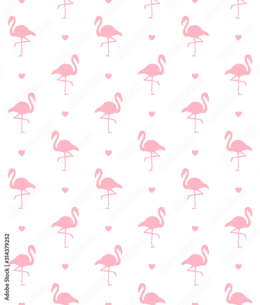 Vector seamless pattern of pink flamingo silhouette and heart isolated on white background