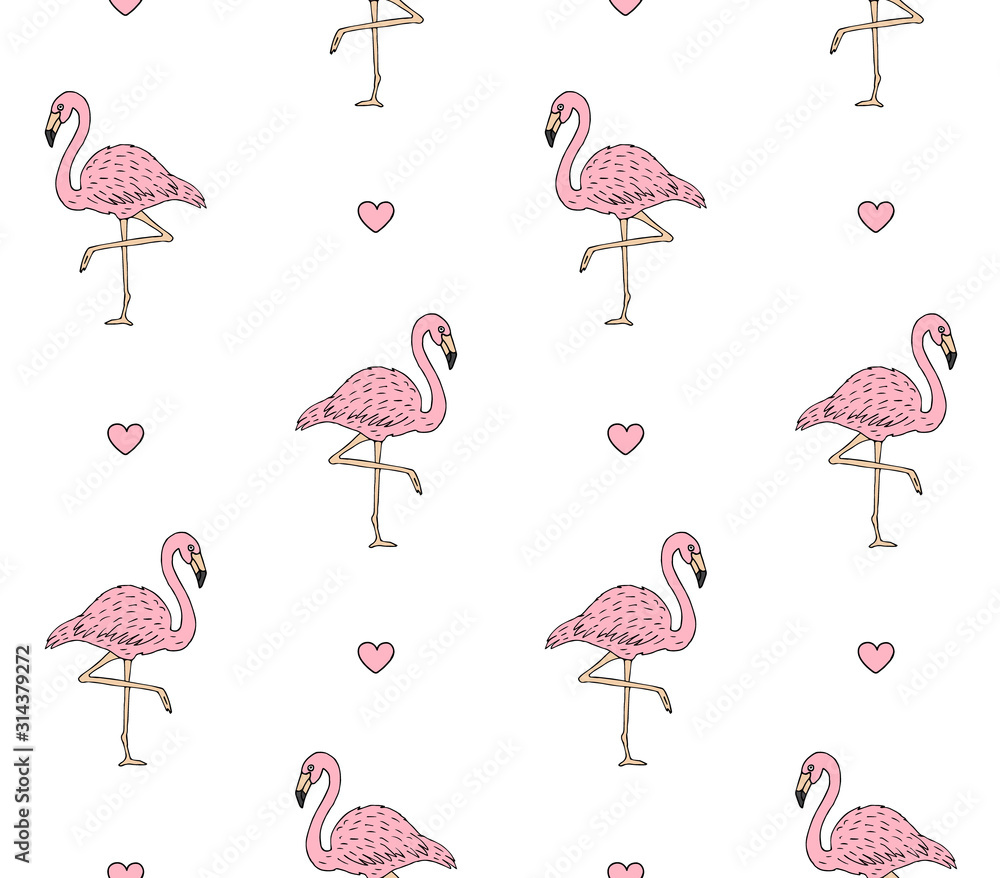 Obraz premium Vector seamless pattern of hand drawn doodle sketch pink flamingo and hearts isolated on white background