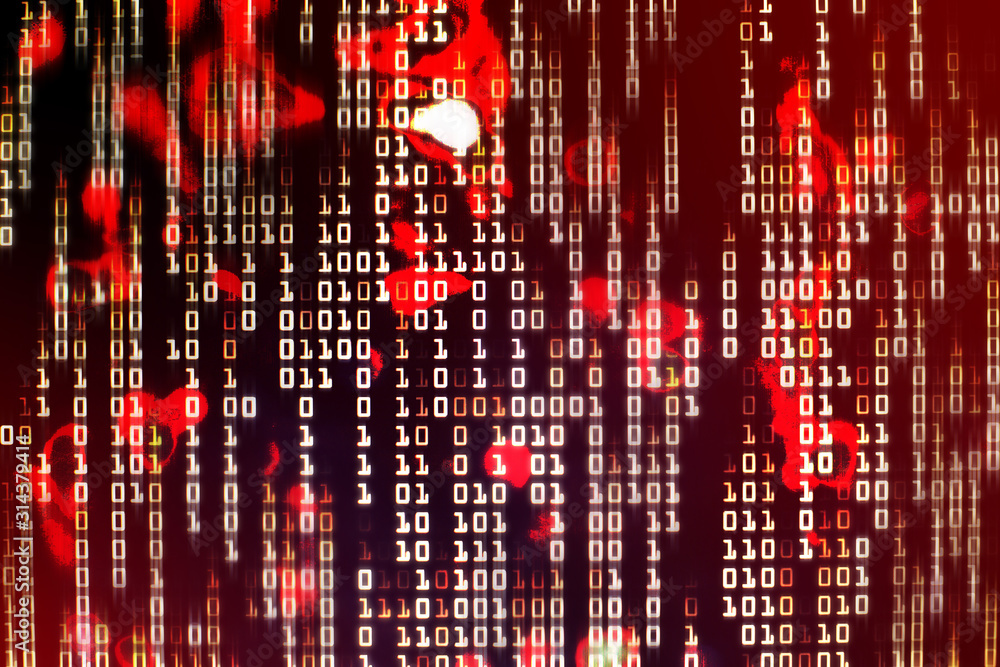 information war. red binary code blocks flowing downward. danger, war,  conflict, hacker, error and virus concepts. dark red background and  computer language for cyber warfare. Stock Photo