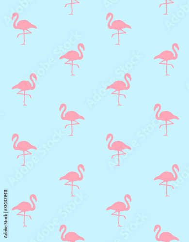 Vector seamless pattern of pink flamingo silhouette isolated on pastel blue background