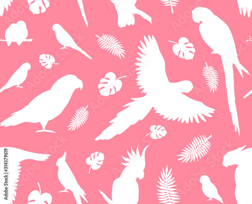 Vector seamless pattern of white parrots silhouette isolated on pink background
