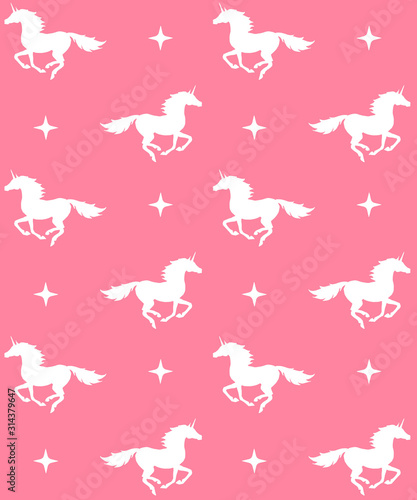 Vector seamless pattern of white unicorn silhouette and stars isolated on pink background