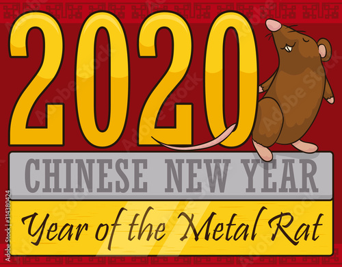 Standing Rat Celebrating its Chinese Year over Metal Signs, Vector Illustration