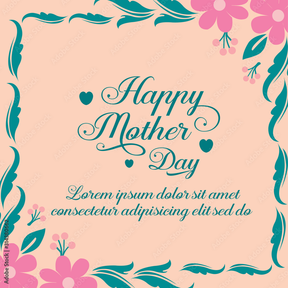 Decoration of leaf and floral frame isolated on peach background, for happy mother day greeting card design. Vector