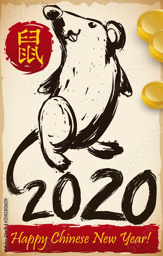 Rat Drawing and Coins for Prosperous Chinese New Year, Vector Illustration