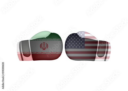 USA VS Iran conflict, Boxing gloves with United states of america and the Islamic Republic of Iran flag, boxing battle concept, sign symbol background, vector illustration.
