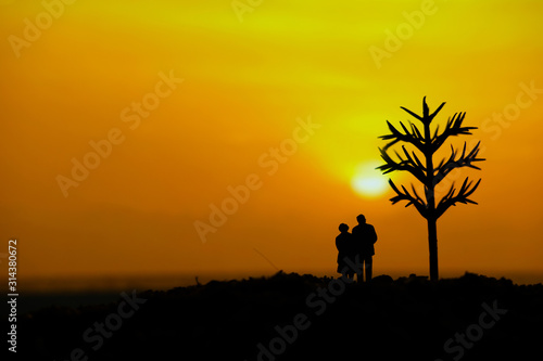 miniature people   toy photography - conceptual valentine holiday illustration. elder couple silhouette standing at the sand beach with dried tree