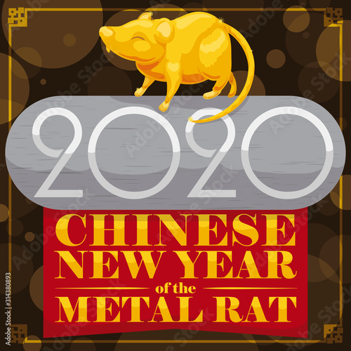 Golden Rat Figure, Sign and Label for Chinese New Year, Vector Illustration
