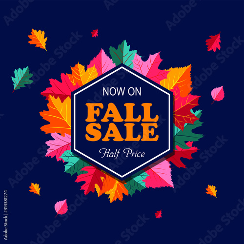 Autumn sale vector banner design, label, ribbon, colorful leaves background for sale discount and promo.