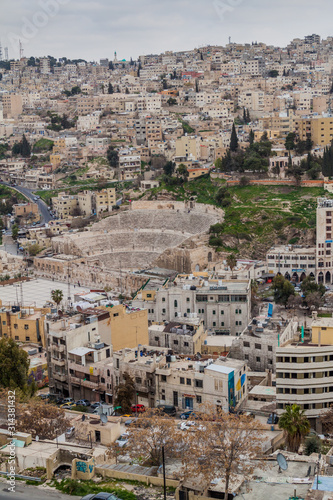 AMMAN, JORDAN - MARCH 19, 2017: Aerial view of Amman downtown with the Roman Theatre, Jordan.