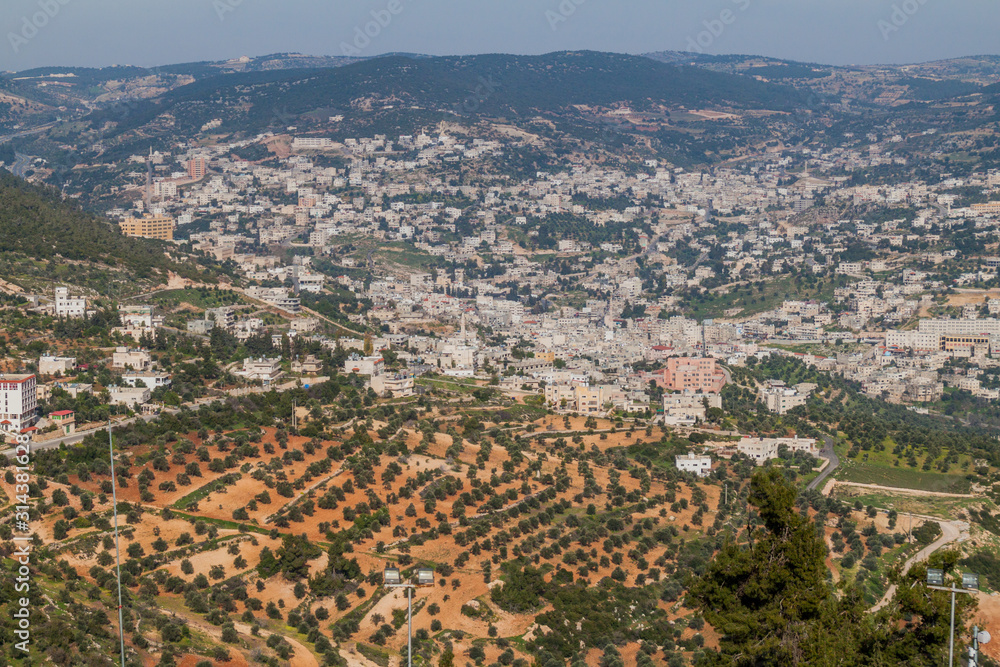 Aerial view of Ajloun town, Jordan