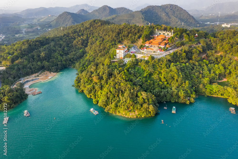 aerial view of Sun Moon Lake with Wen Wu temple