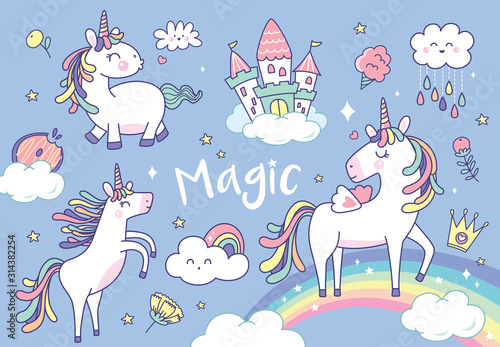 Set of cute unicorns and magical elements