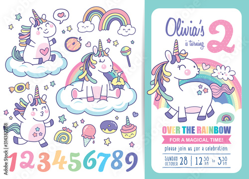Kids birthday party invitation card template with cute little unicorns, rainbows, magical elements and birthday anniversary numbers photo
