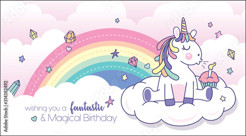 Photo Vector illustration of a cute little unicorn blowing candle with rainbow background