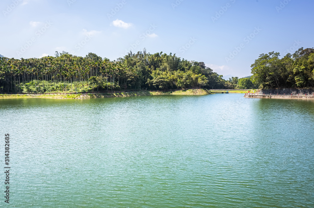 pond with suspension bridge at Toushe Reservoi
