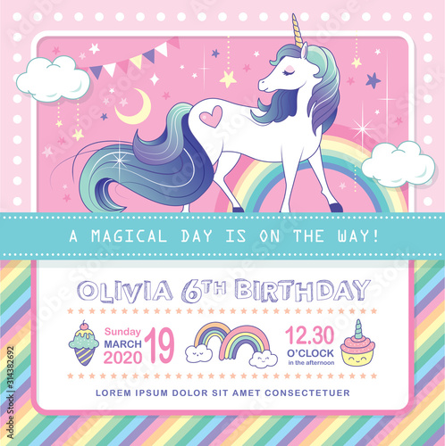 Birthday party invitation card template with a beautiful unicorn and rainbow background