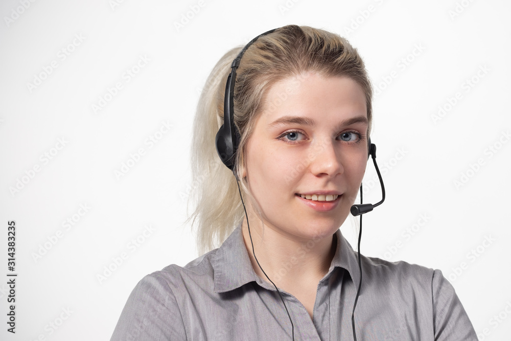 Woman working at call center calling with smile isolated over white background with large area for your text. Woman working at call center calling with smile isolated over white background with large area for your text.