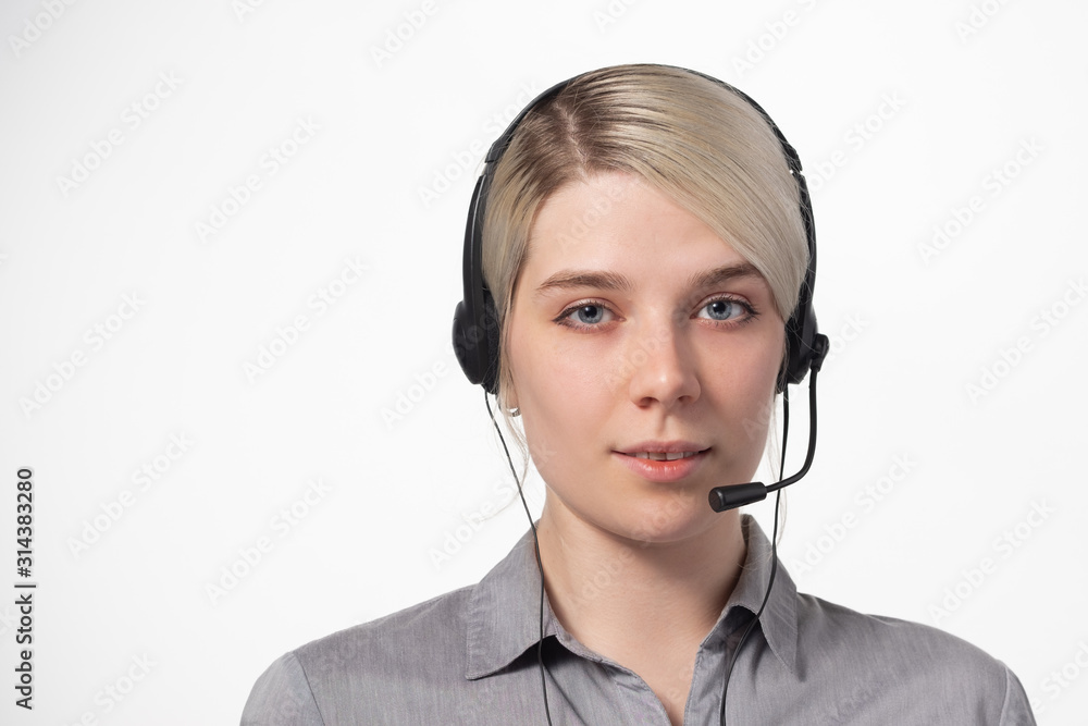Woman working at call center calling with smile isolated over white background with large area for your text. Woman working at call center calling with smile isolated over white background with large area for your text.