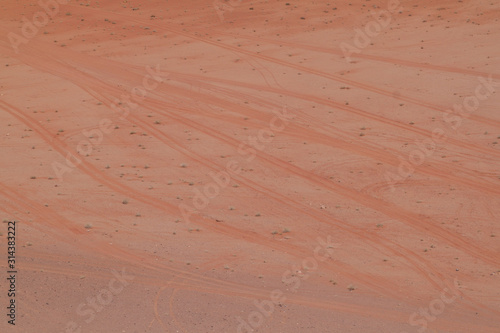 Aerial view of tire track in a desert