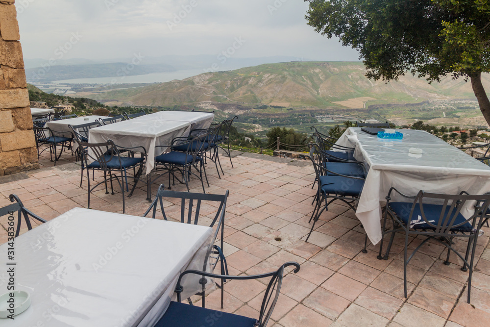 View of the Sea of Galilee and the Golan Heights from a retaurant at the ruins of Umm Qais, Jordan