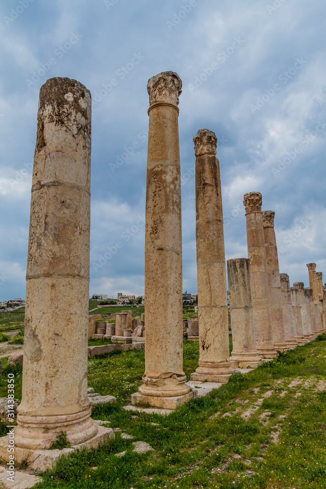 Ruins of columns at the ancient city Jerash, Jordan