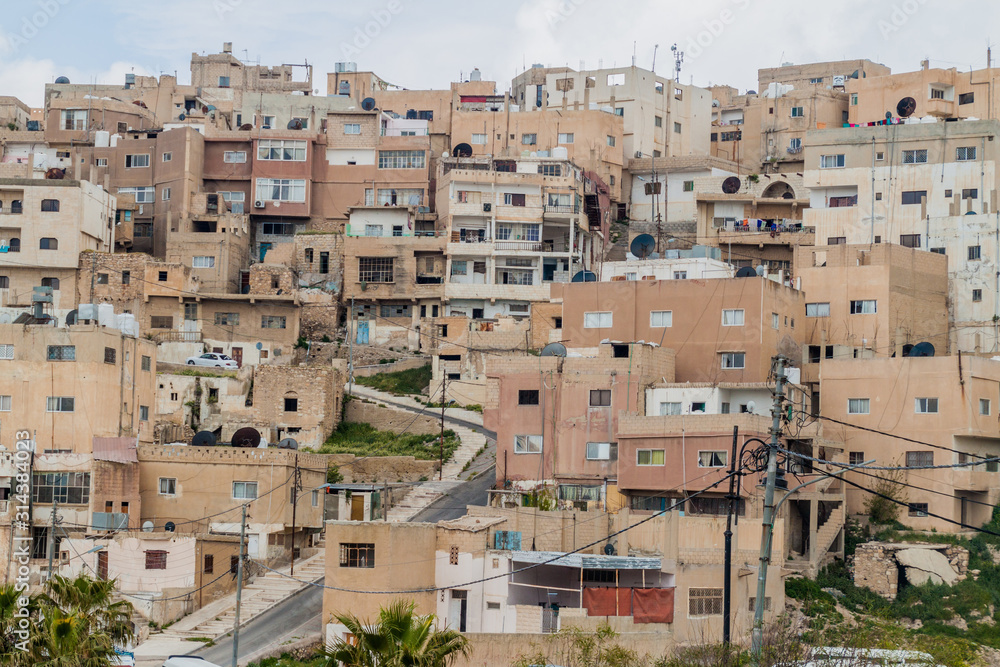 Houses of Karak on a steep slope, Jordan