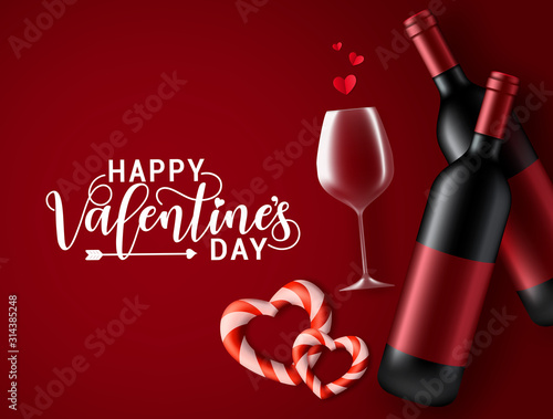 Valentines date with wine vector background. Happy valentines day greeting text with valentine dating element of champagne, wine glass, and heart shape decoration with empty space for messages.