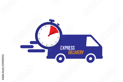 Express delivery icon. Fast shipping with truck timer with inscription on white background. Flat vector illustration EPS10