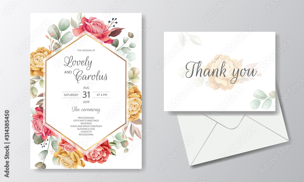 Elegant watercolor wedding invitation card template set with beautiful floral and leaves