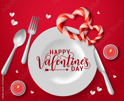 Valentine candle light date vector concept. Happy valentines day typography in white plate with candle light, spoon, fork, knife silverware and hearts shape decoration element for romantic date.