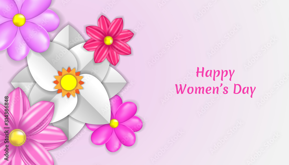 Happy women's day background with flower paper cut 3d floral decoration in pink, purple and white color