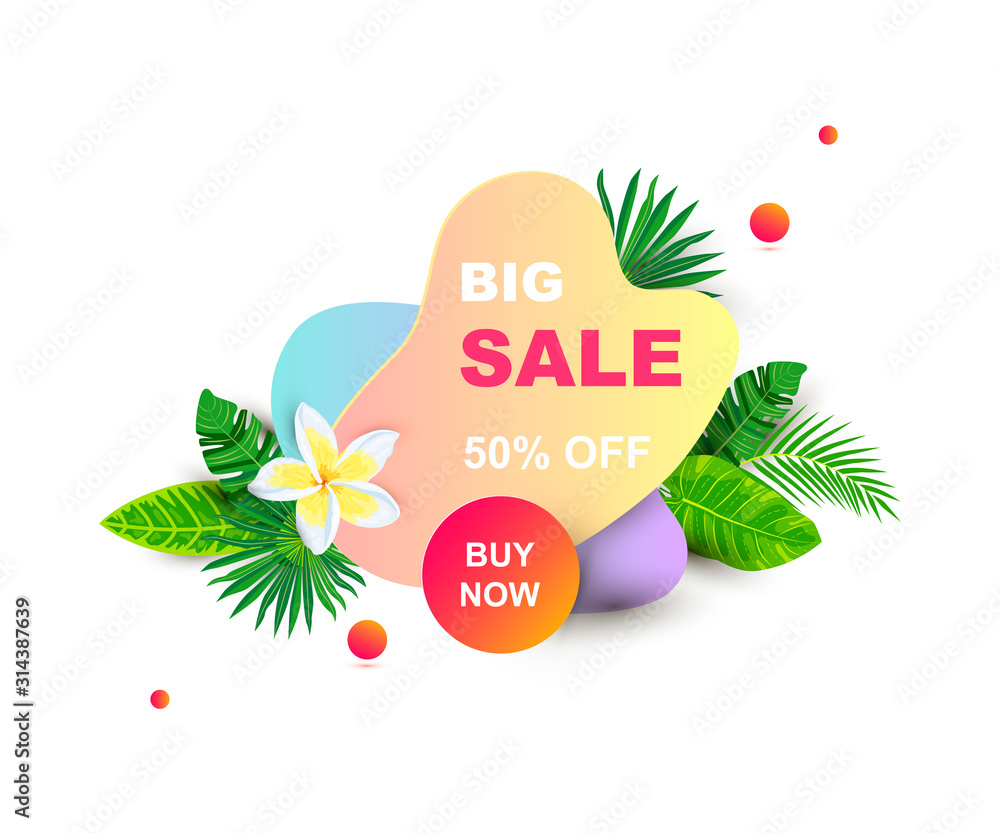 Summer sale banner with tropical leaves and flower, liquid geometric shape. Place for text. Template for poster, web, invitation, flyer. Vector illustration.