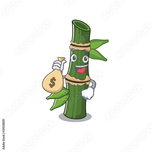 Happy rich bamboo cartoon character with money bag