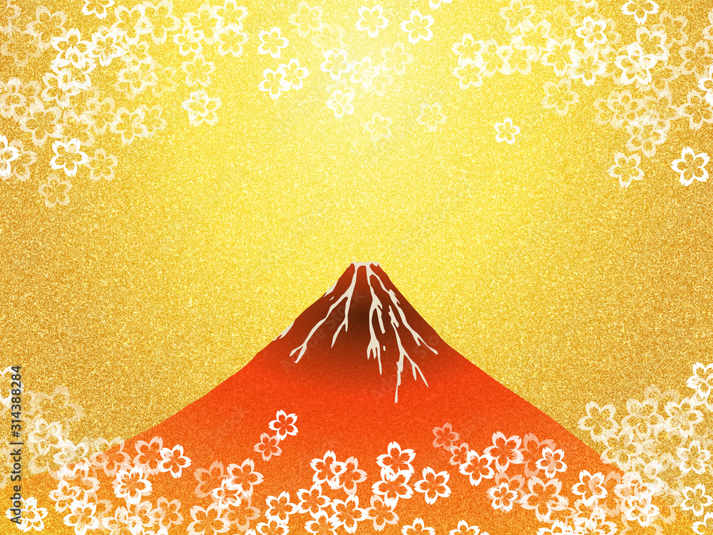 赤富士と桜のイラスト 金屏風イメージ背景テクスチャ Stock Illustration Adobe Stock