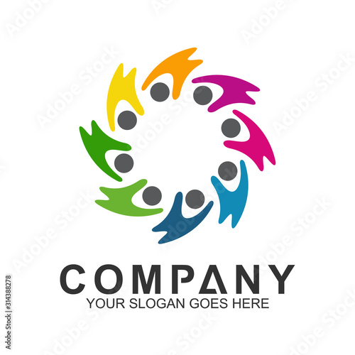 community care vector, people group, social relationship icon, charity symbol, human caring, kids and adoption logo, people teamwork, colorful and circular people logo design template