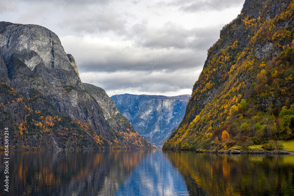 Fjord and Mountains in the autumn season that reflect the water. Watch from a boat trip to see the beauty of Sognefjord Cruise, program from Gudvangen to Flam in Norway.