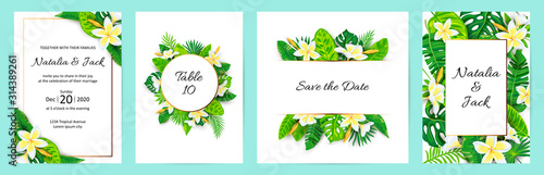 Invitations with jungle leaves, tropical flower Frangipani. Vector illustration summer templates. Place for text. Great for SPA flyer, beauty offer, wedding, poster, baby shower, bridal shower.