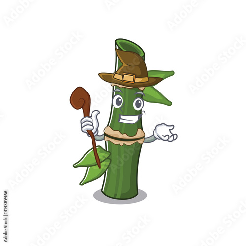 cartoon mascot style of bamboo dressed as a witch