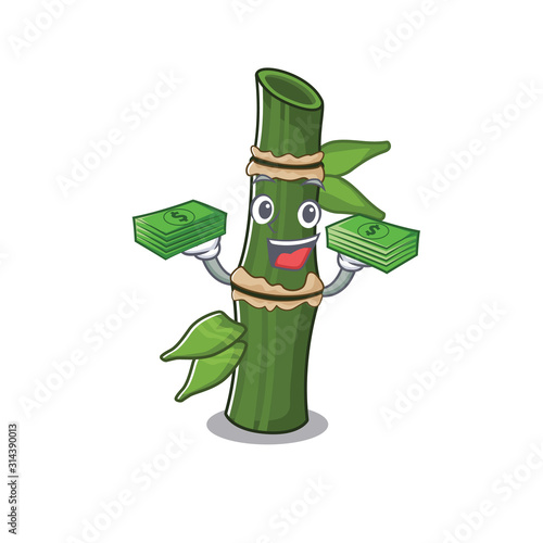 happy rich bamboo character with money on hands