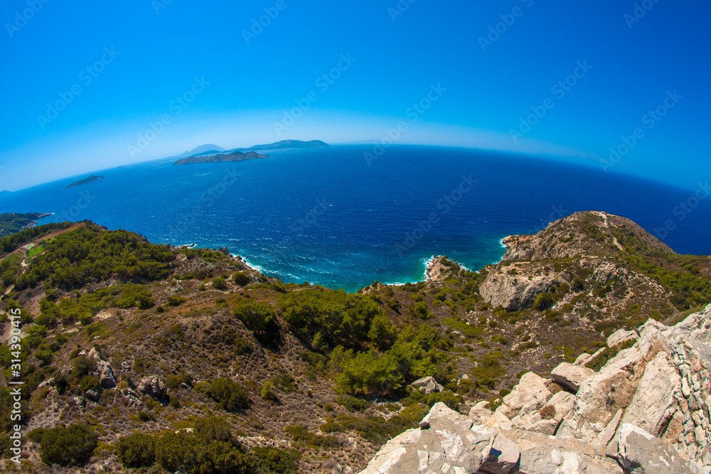 beautiful view of the sea and mountains on the island of Rhodes