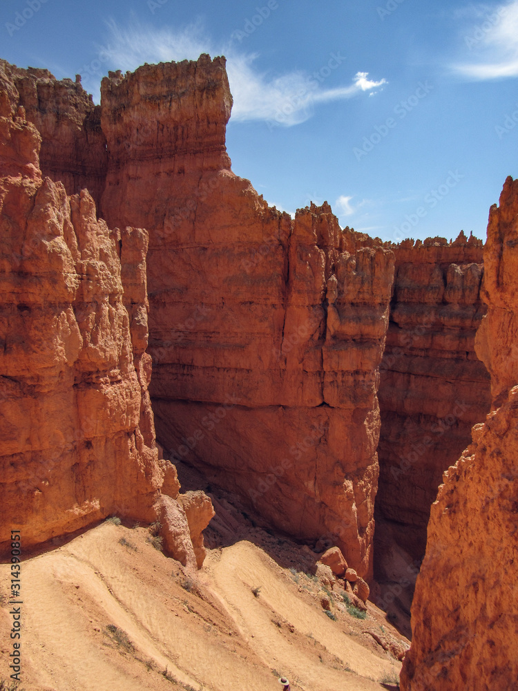 Switch back path with red rock cliffs in Bryce Canyon National Park located in Southern Utah 