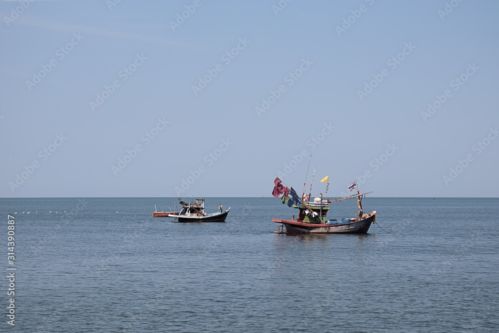 A view of Traditional Thai fishing boats at anchor Bang Sean port A view of Traditional Thai fishing boats at anchor Bang Sean port