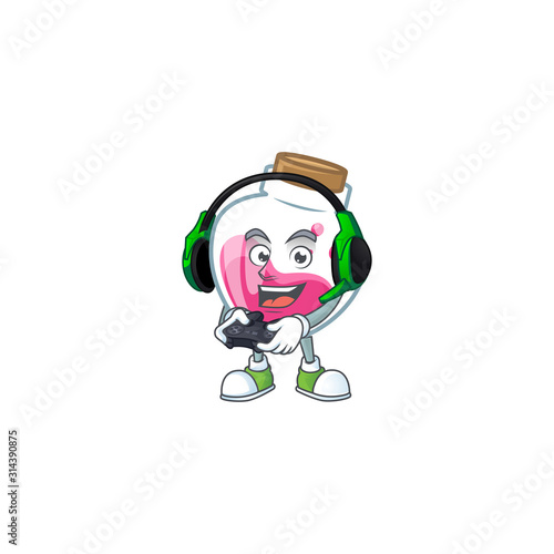 Cool pink potion cartoon mascot with headphone and controller