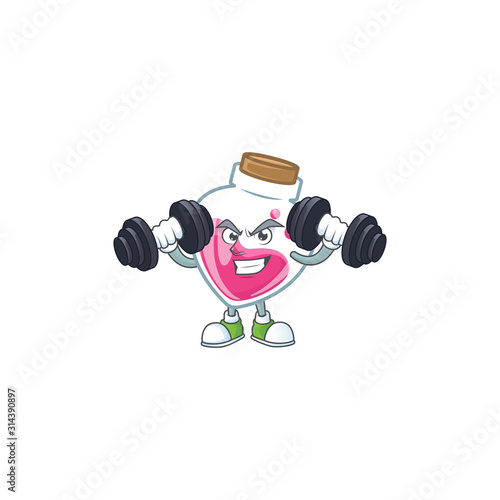 Fitness exercise pink potion mascot icon with barbells