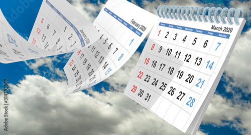 march 2020 calendar fllying pages on sky and clouds - 3d rendering photo