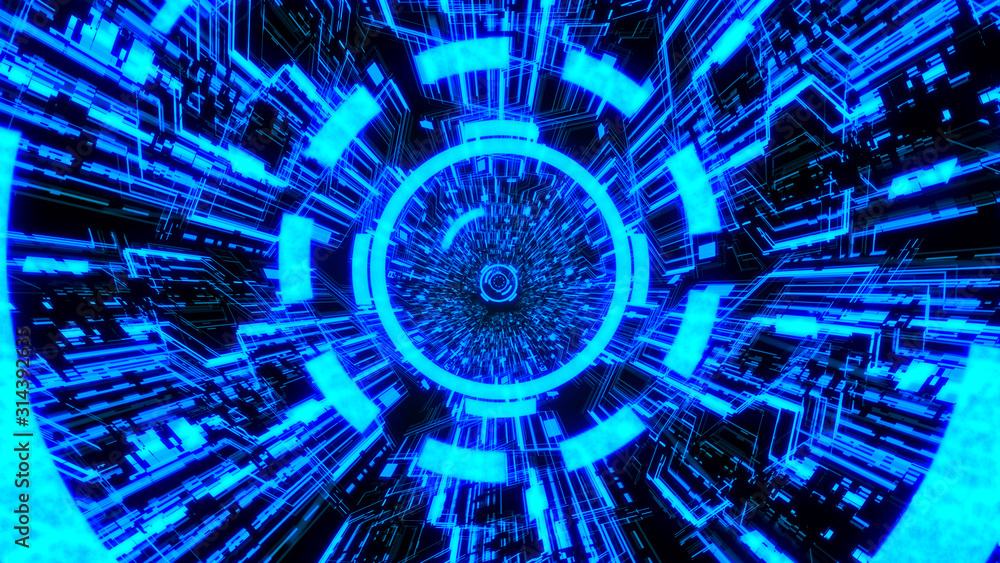 Obraz premium 3D Digital Circuit System Tunnels and Waves with Digital Circles in the middle in Blue color theme Background Ver.4