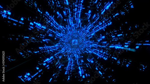 3D Digital Circuit System Tunnels and Waves with Digital Circles in the middle in Blue color theme Background Ver.1