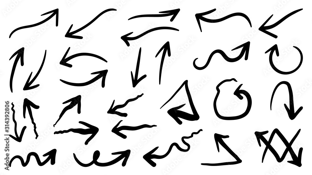 Arrows hand drawn vector set. Sketch arrow design for application, banner, print screen, pen marks, map and typography design guide line. Arrows hand drawn vector set. Sketch arrow design for application, banner, print screen, pen marks, map and typography design guide line.