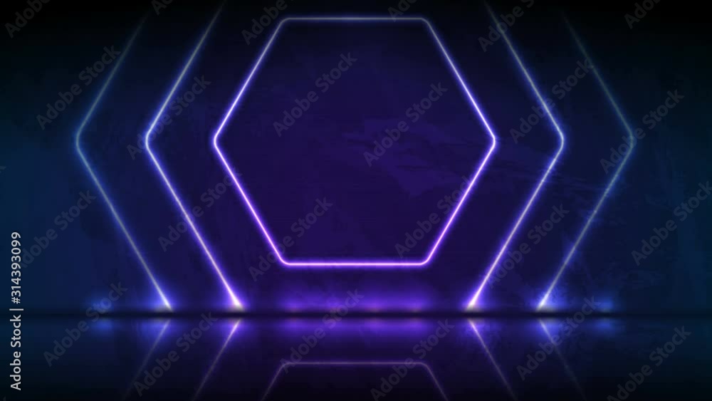 Neon glowing hexagon frames on blue violet grunge background. Old luminous wall concrete texture. Video animation Ultra HD 4K 3840x2160 Neon glowing hexagon frames on blue violet grunge background. Old luminous wall concrete texture. Video animation Ultra HD 4K 3840x2160